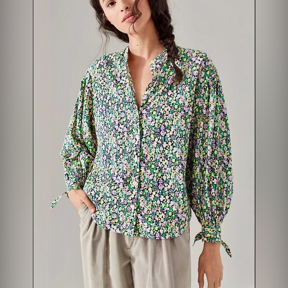 Anthropologie Maeve Paisley Shirt Womens Medium Green Blouse Button Up Tie Cuffs - Picture 1 of 8